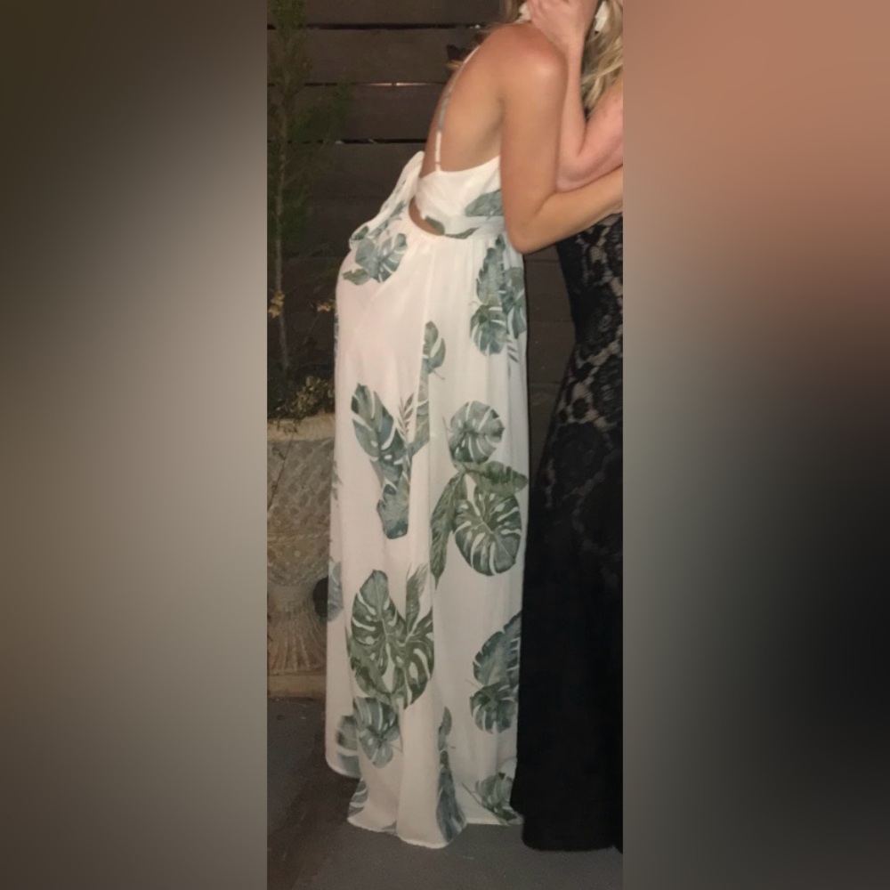 Open-Back White Maxi Dress with Green Leaf Print